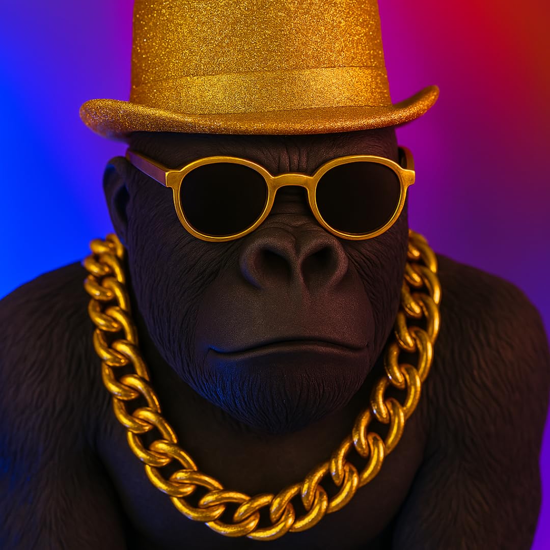 Bongo Gold – Statua Gorilla dorata di alta qualità, statuetta decorativa con occhiali e catena dorata – scultura di design XXL – creazione francese di eccezione per soggiorno ufficio