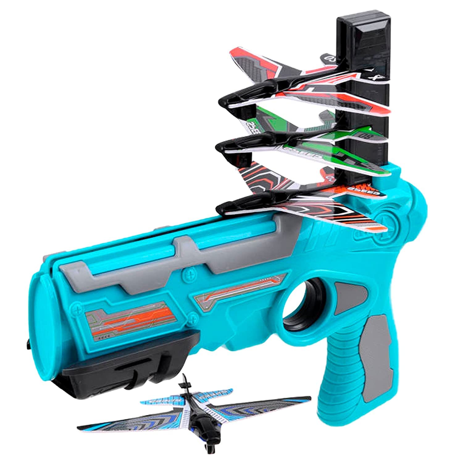 WISHKEY Plastic Airplane Launcher Gun Toy, Cool Catapult Toy Gun with 4 Glider Aircraft Foam Bullets, Trendy Shooting Game for Indoor & Outdoor Sports Activity for Kids, Blue, 4 Years+ (Set of 1) (B0BCZFHXM6) Amazon Price History, Amazon Price Tracker