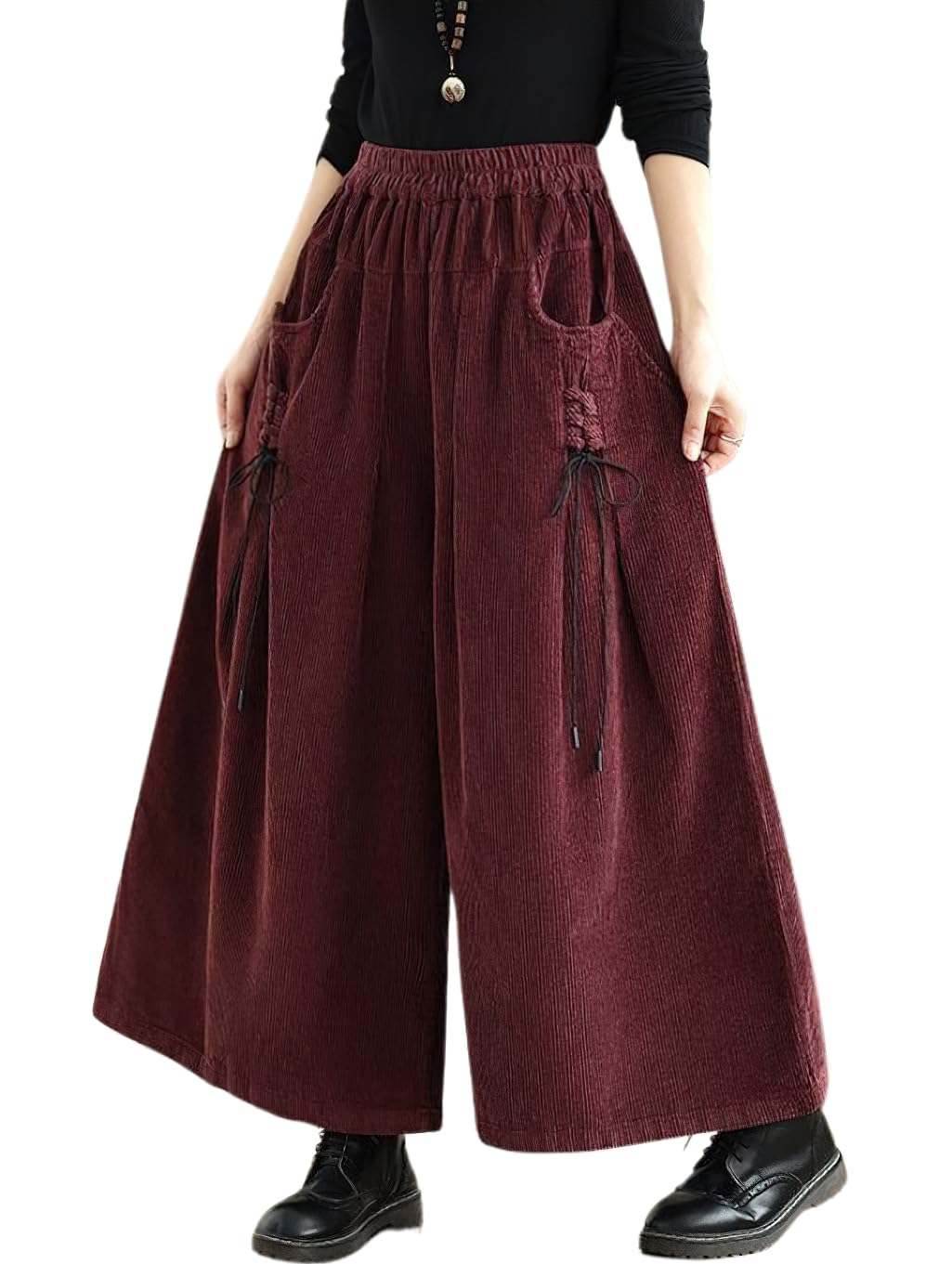 chouyatou Womens Fall Casual Wide Leg Baggy Corduroy Pants Elastic Waist Baggy Culotte Loose Trousers