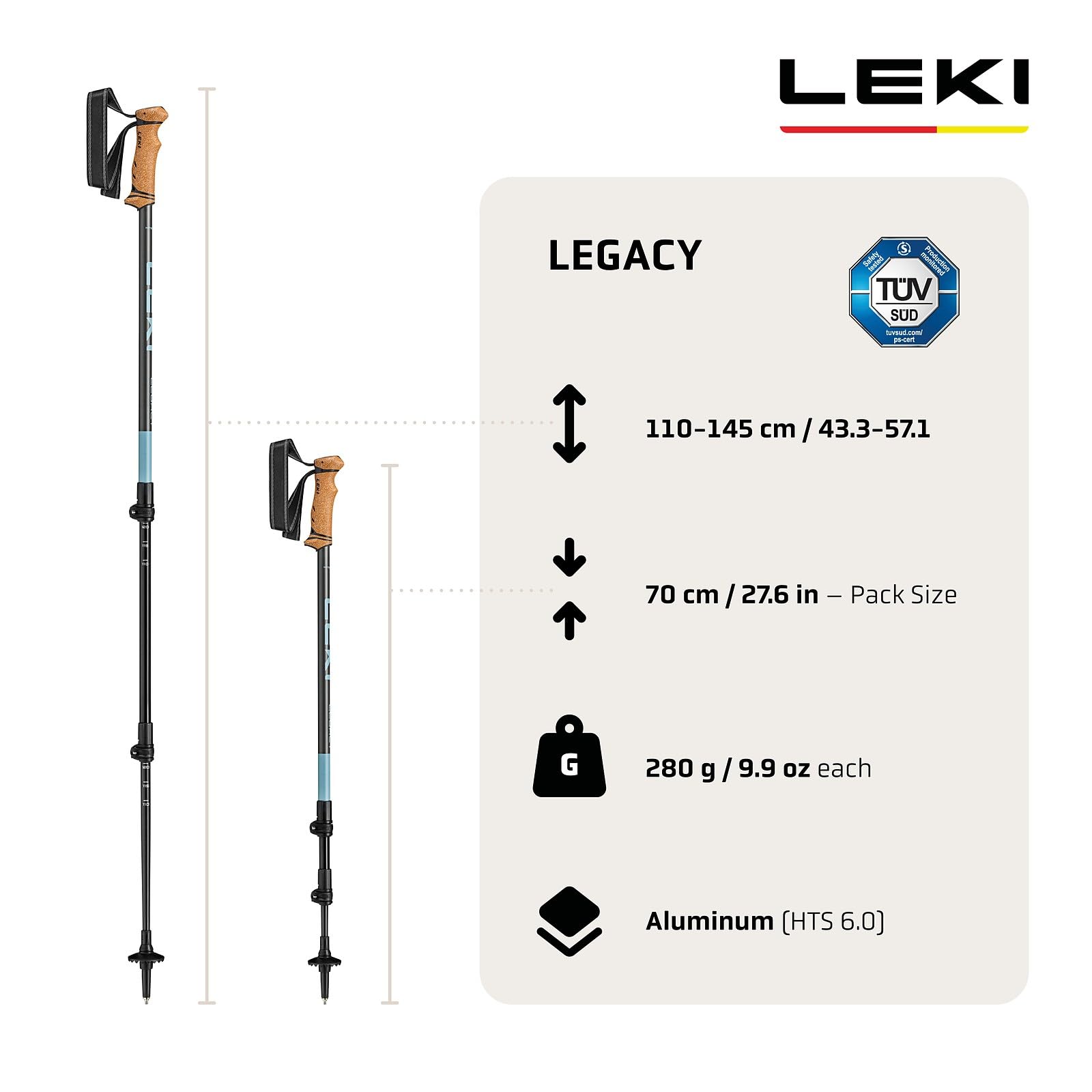 LEKI Legacy Wanderstöcke Damen & Herren | verstellbare Trekkingstöcke aus Aluminium (110-145cm) mit Trekkingteller