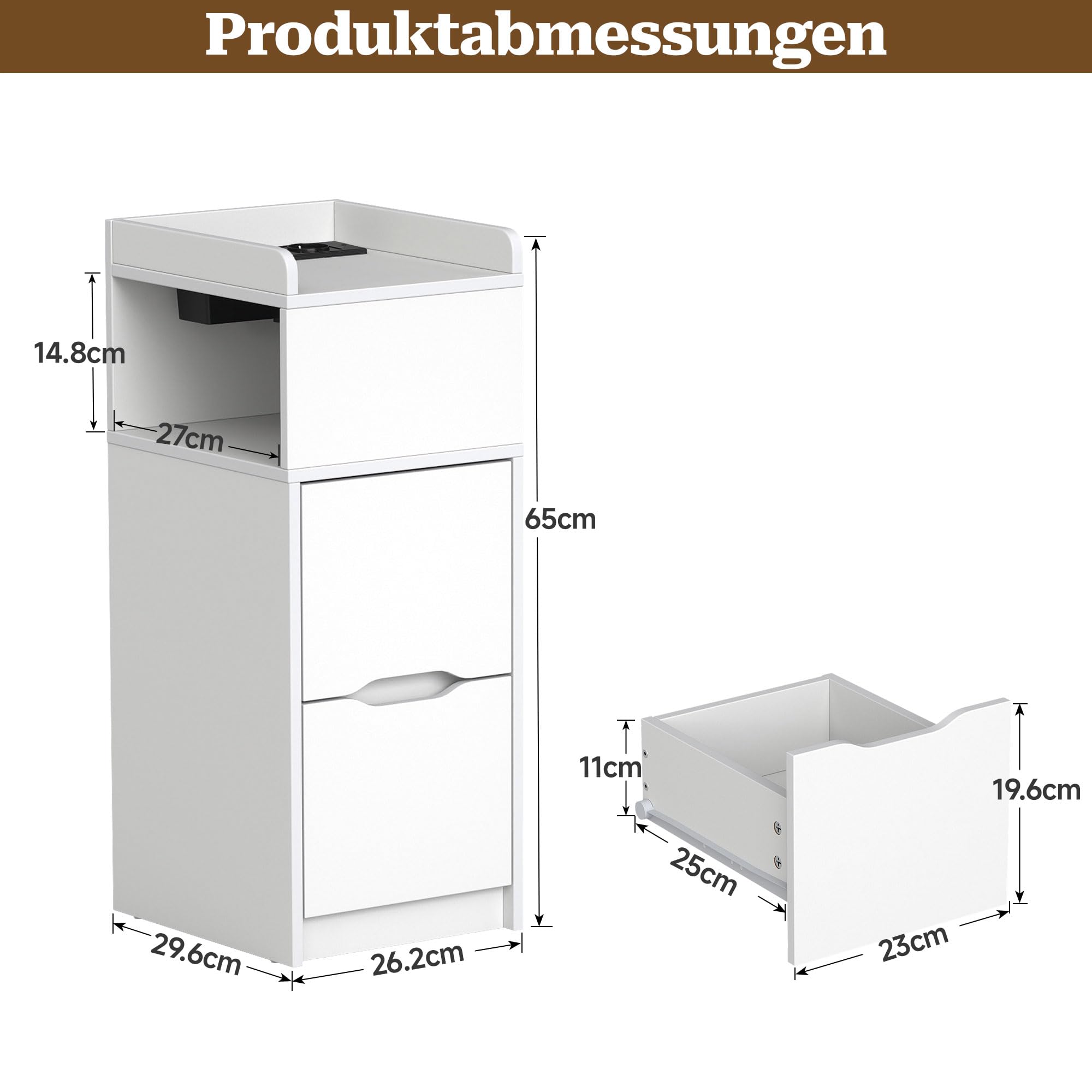 Quikraen Nachttisch Schmal mit Steckdose und LED, Weiß, 26.2x29.6x65 cm | mit 2 Schubladen, 1 offenes Fach, mit USB-/Typ-C sowie 2 wechselstromsteckdosen, 26.2x29.6x65 cm für Schlafzimmer