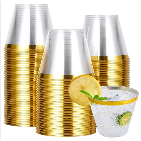 100 PACK Gold Plastic Cups,9 Oz Clear Plastic Cups Tumblers, Elegant Gold Rimmed Plastic Cups, Disposable Cups With Gold Rim Perfect For Wedding,Thanksgiving Day, Christmas Party Cups Cover