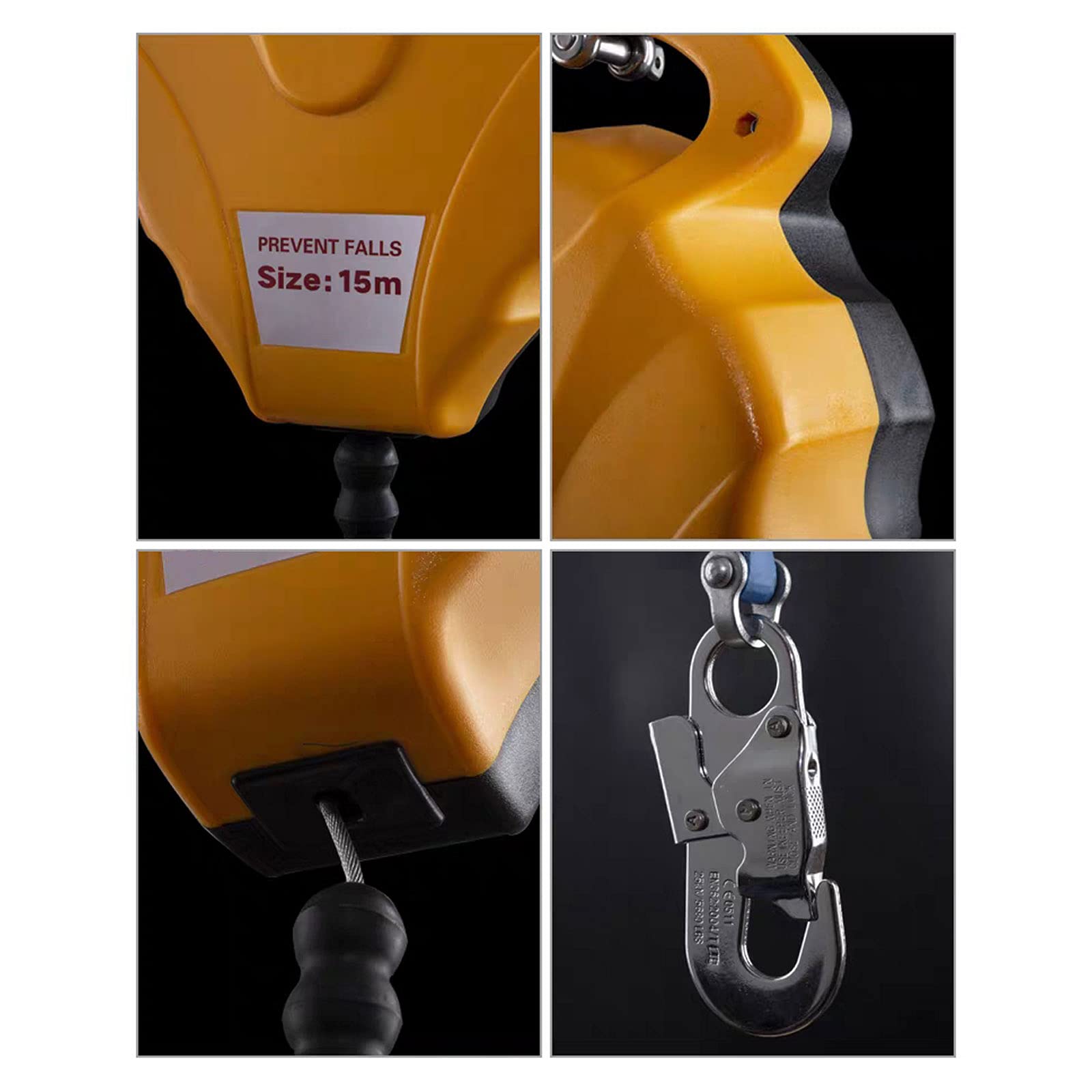 Anticaídas Anticaídas, Cinturón Anticaídas, Retráctil con Sistema de Amortiguación, Dispositivo de Seguridad de Altura para Escalada y Trabajos Aéreos, Amarillo, 10m/15m, Carga: 150kg