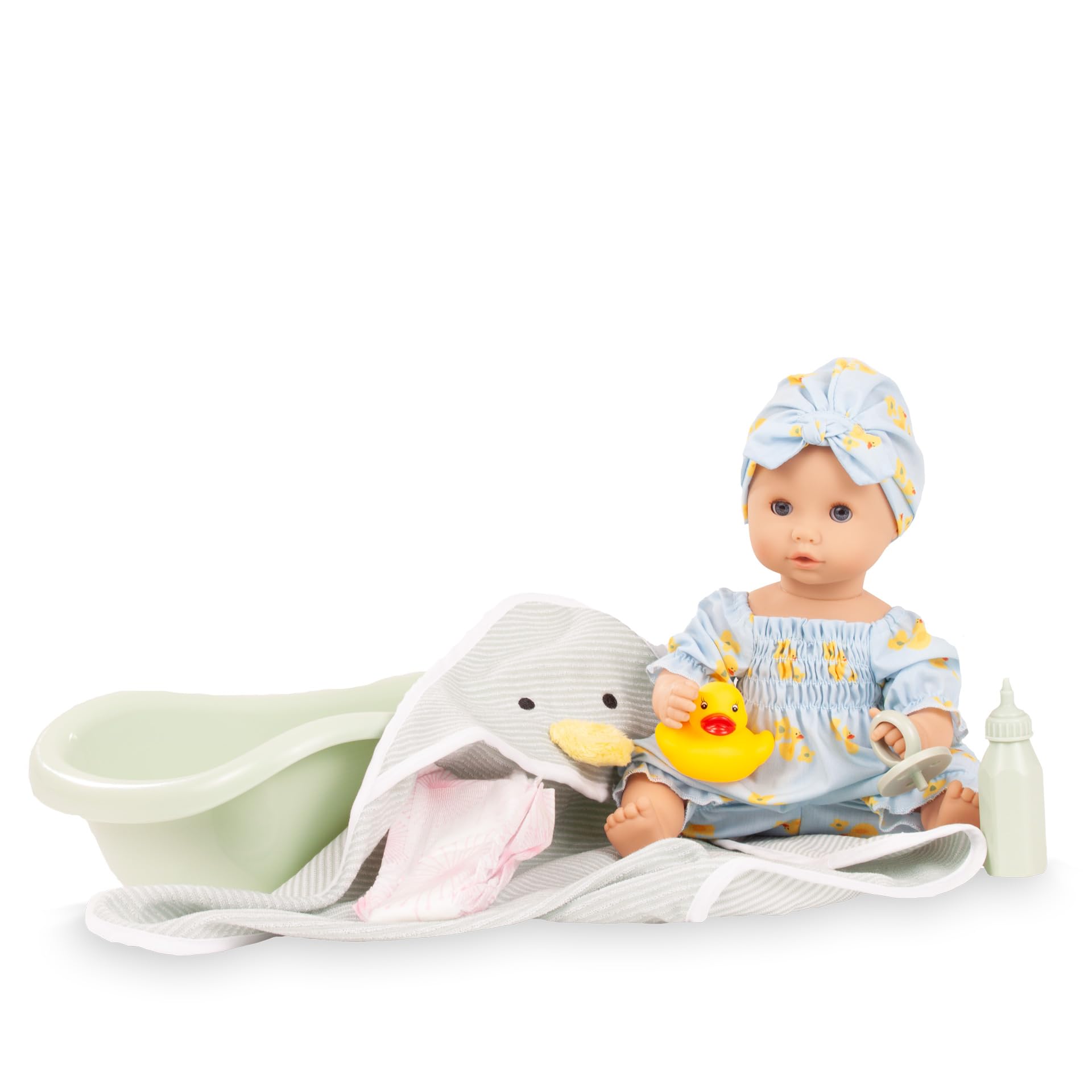 Götz 2653163 Sleepy Aquini Girl Set Little Duck Puppe 33 cm Badepuppe 9-TLG | für Kinder ab 3 Jahren, Babypuppe, ohne Haare, Hartkörper, blaue Schlafaugen, Trink-/Töpfchenfunktion, Badewanne und Badeente