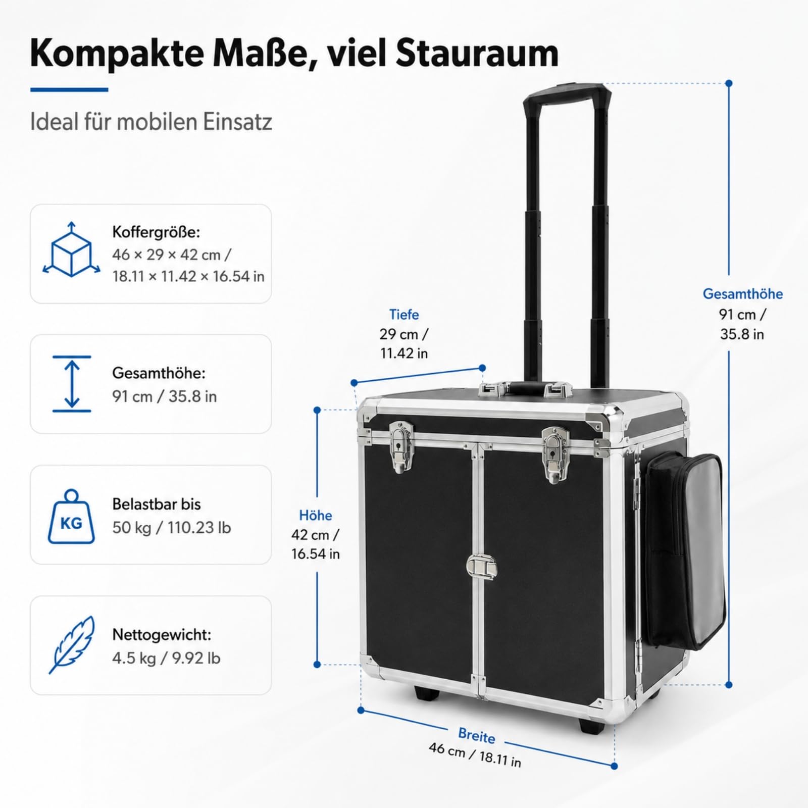 Fußpflege Koffer 46x29x42cm Werkzeugkasten Mobiler Fußpflegekoffer Nageldesign Koffer für Fußbadgeschäfte, Massagesalons, Schönheitssalons (Schwarz+Silber)