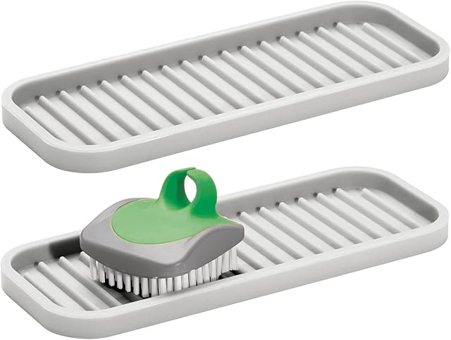 mDesign Set of 2 Kitchen Sink Caddy  Soap and Dish Sponge Holder for beside the Kitchen Sink  Quick Drying Soap Dish with Ribbed Base  Light Grey