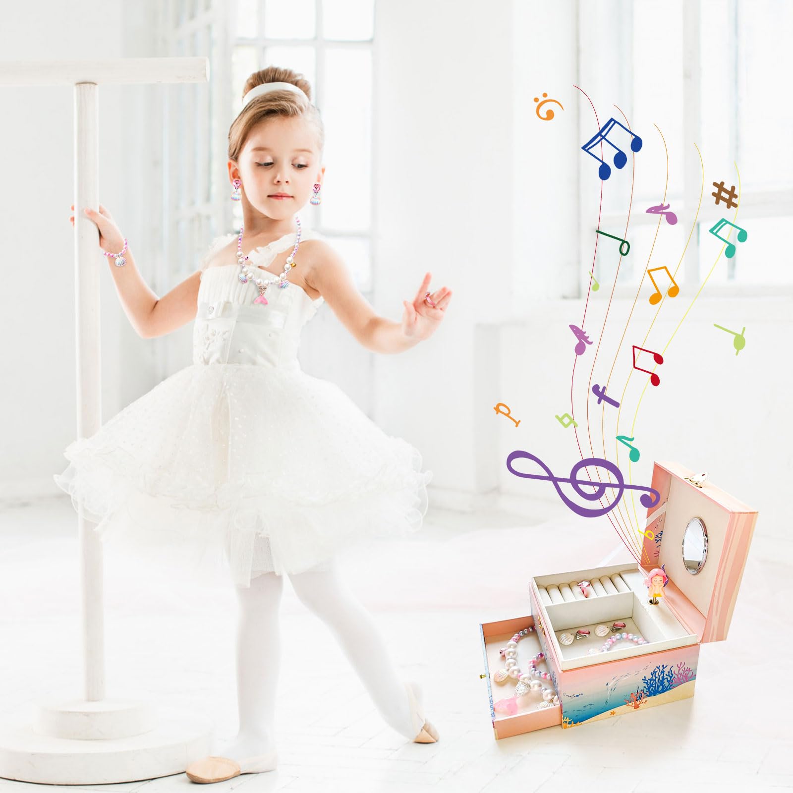 KOMABLEN Sirena Joyero Musical Niña, Caja de Musica con Cajón Extraíble, Caja Musical con Juego de Joyas e 4 Protector Esquinas, Mundo submarino Jewelry Box Regalo de Cumpleaños de 3-10 años
