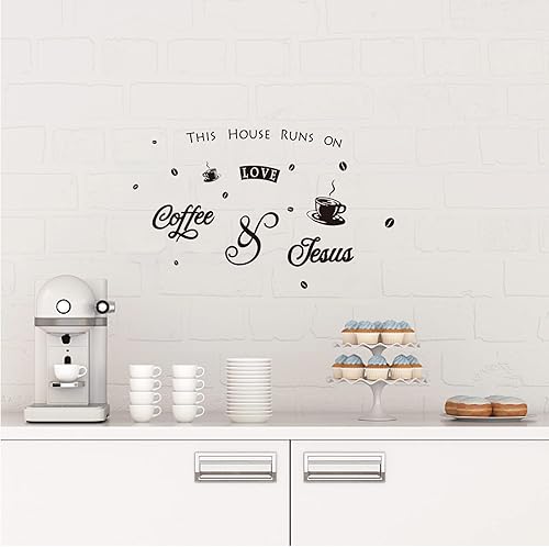 Miniatura 3 de SUPERDANT Adhesivo de pared de PVC con tema de café, This House Runs ON Love Coffee and Jesus Word Vinilo Art Wall Sticker Sticker para decoración