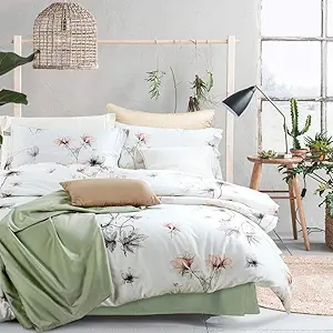 MILDLY 100% Long-Staple Cotton Duvet Cover Set White Green Floral Leaves Pattern Printed Comforter Cover 3pcs, Ultra Soft & Breathable Bedding Set