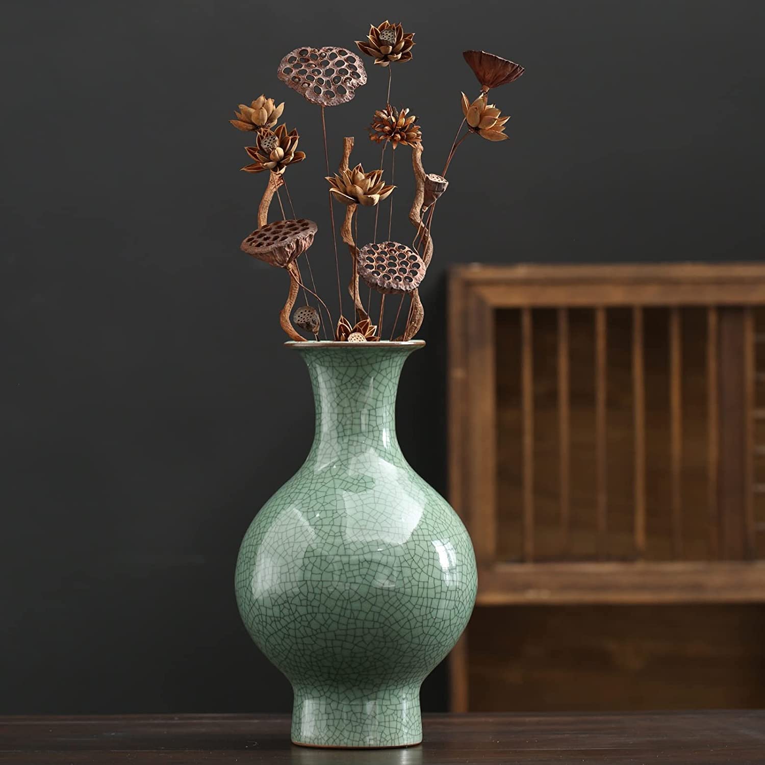 Artisanat en céramique chinoise, fait main, émail craquelé antique, grande vase en porcelaine vert pour décoration d'intérieur Grün02