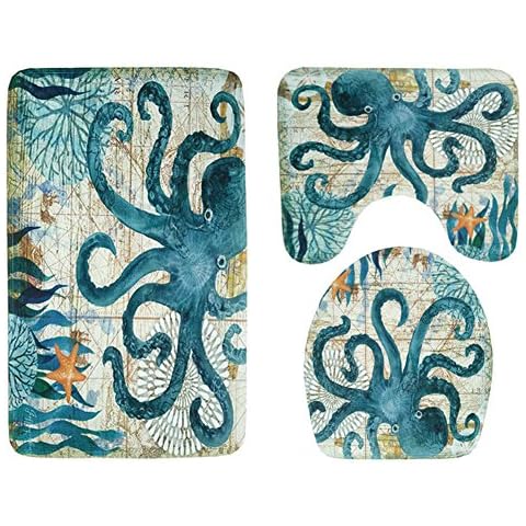 3 Pieces Soft Flannel Bathroom Mat Set Non-Slip Bathroom Rug Absorbent Toilet Mat Lid Cover Set Octopus Cover