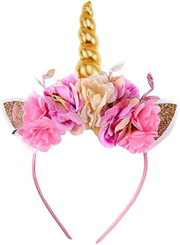 Gold Horn Headband Ears Photo Girl Birthday Outfit Squishy Cheeks Gold Glitter Horn Headband Flowers Headwear Accessory for Party Decoration Cosplay Costume (Pink Flower)