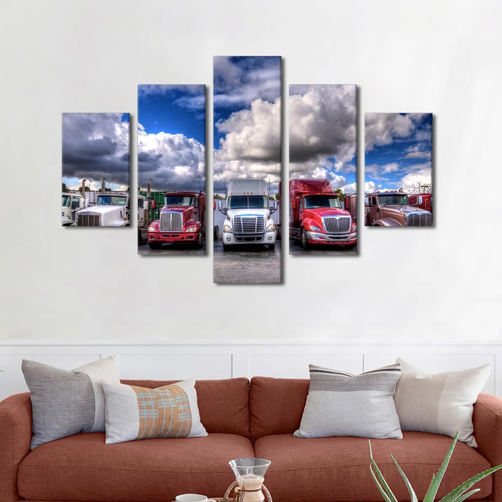 TUMOVO 5 Panel Large Wall Art, HDR Image of Semi Trucks Lined up on a Parking Lot Pictures Print on Canvas for Home Wall Decorations, Stretched and Framed Ready to Hang, 60" Wx40 H