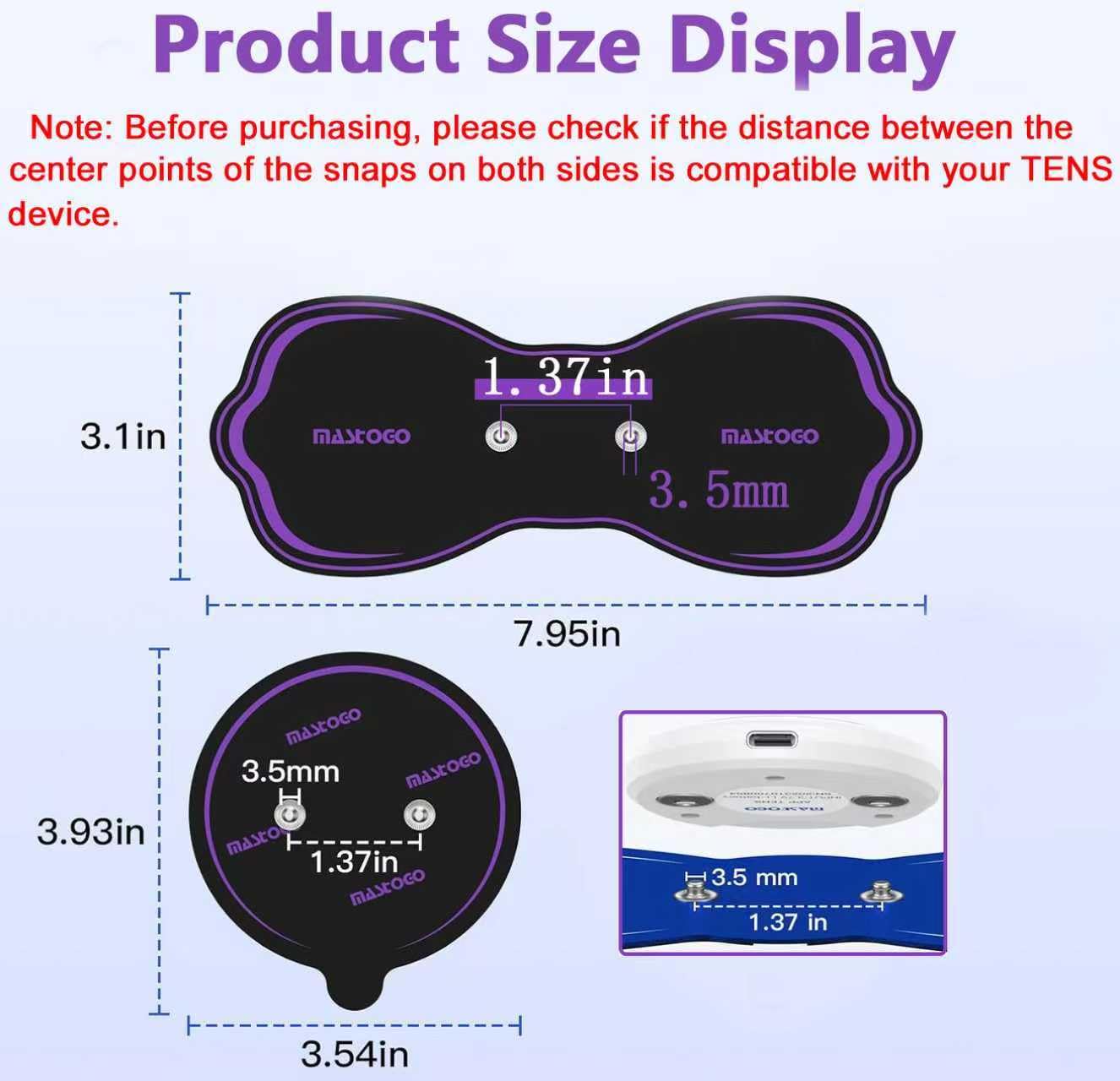 MASTOGO 8 Pcs Wireless TENS Unit Electrode Pads, with 3.5mm Snap Connector — Amazon image 3