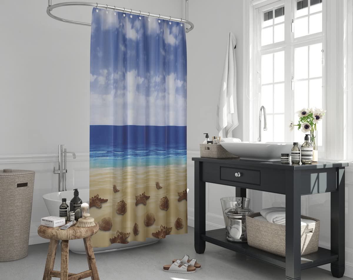 Tropik Home Multicoloured Beytug Extra Long And Wide Fabric Bathroom Shower Curtain, 240Cm Wide By 200Cm Drop, Starfish And Shells On The Beach
