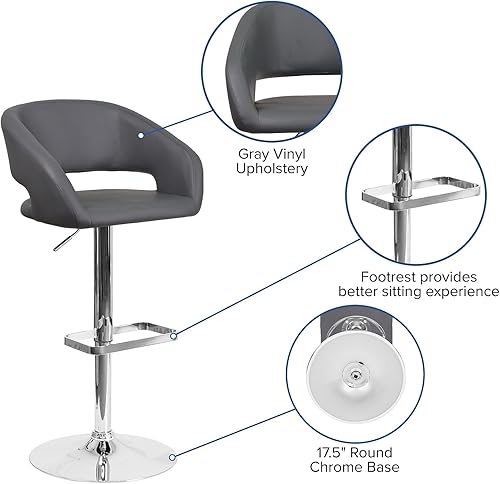 Miniatura 44 de Flash Furniture Erik Taburete de bar contemporáneo de altura ajustable con reposapiés y respaldo medio redondeado, taburete tapizado de altura de