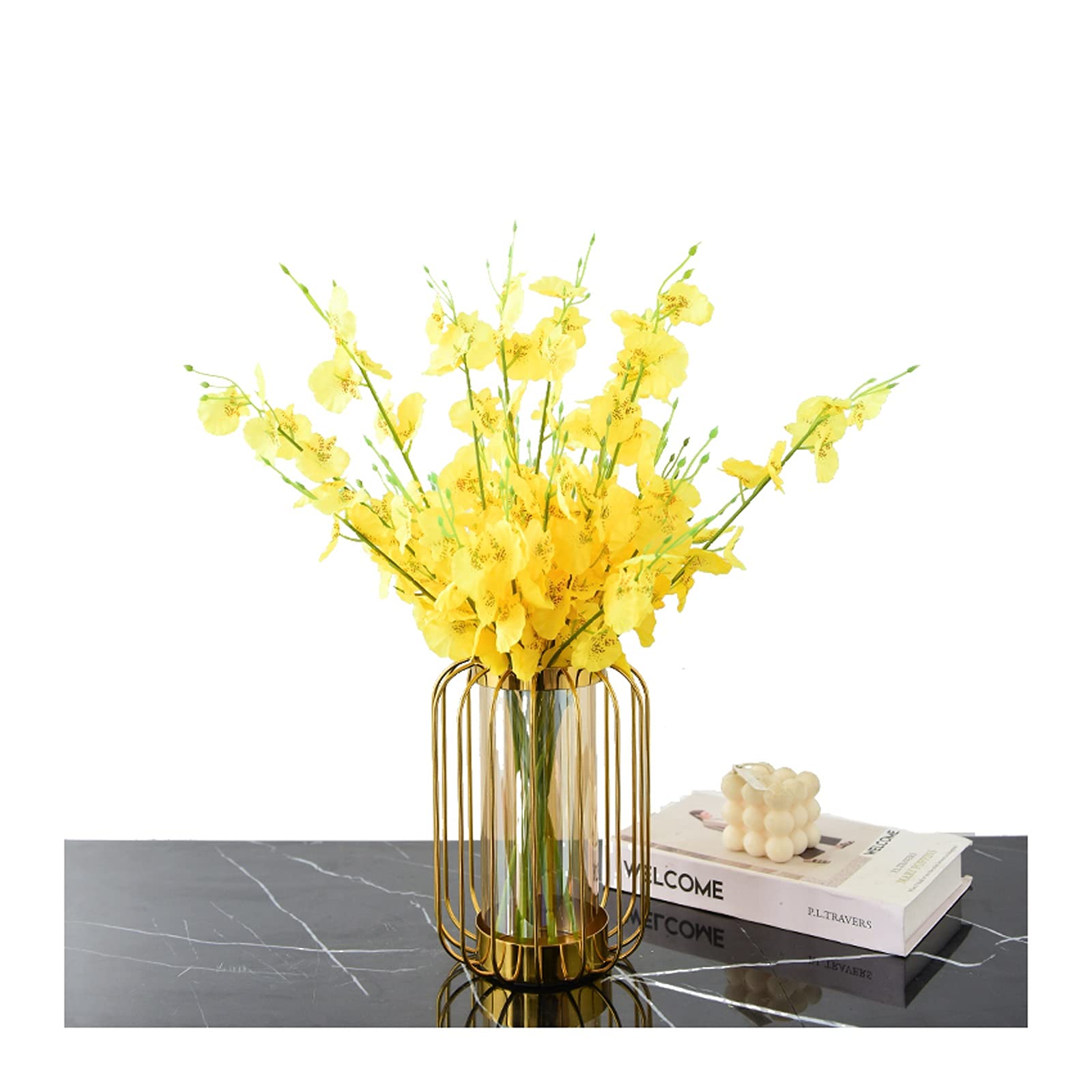 Fleurs artificielles bouquet de simulation orchidée jaune déco salon avec vase et fausses fleurs