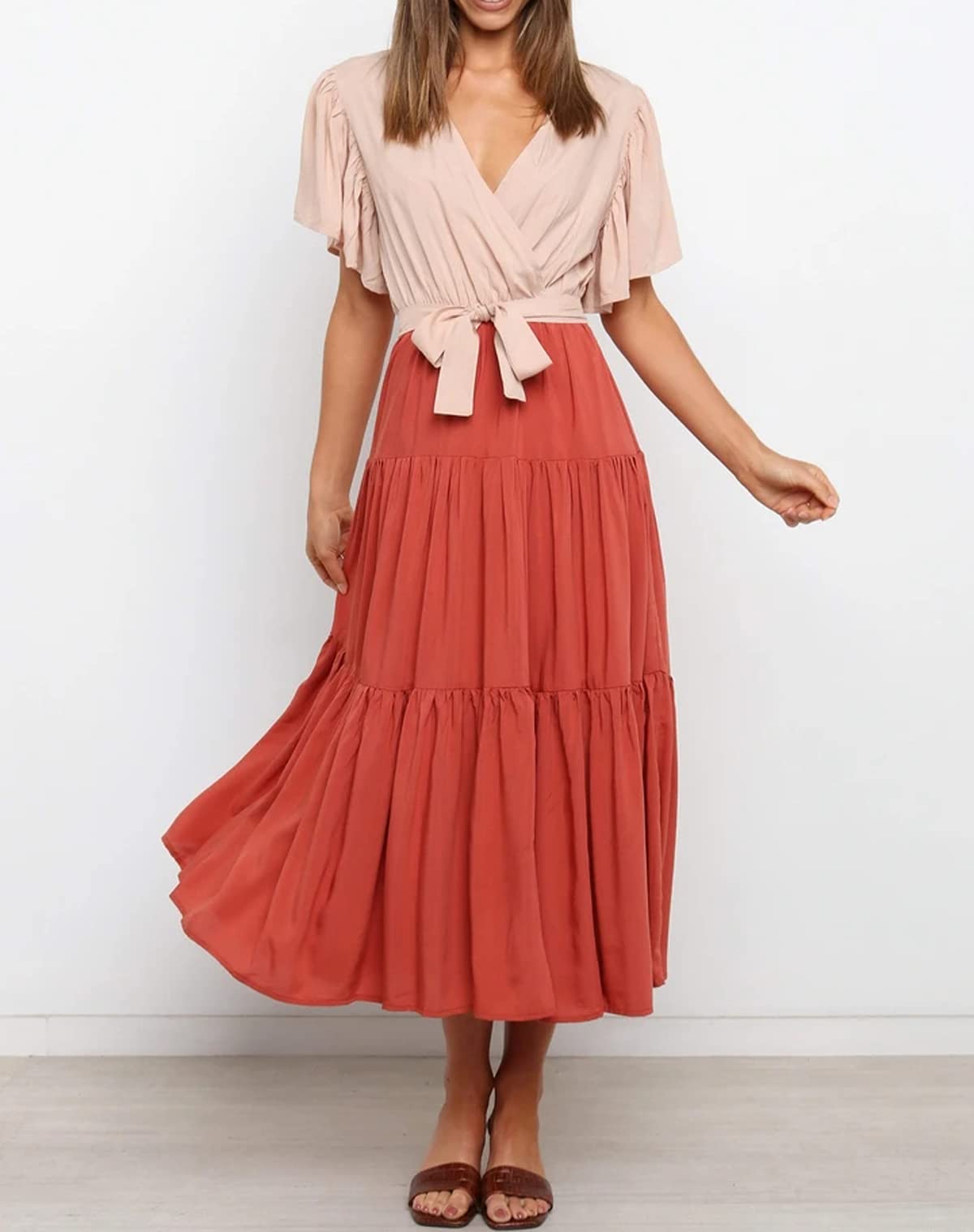 R.Vivimos Summer Dress for Women Cotton Ruffle Short Sleeves V Neck Casual Flowy Midi Dress with Belt