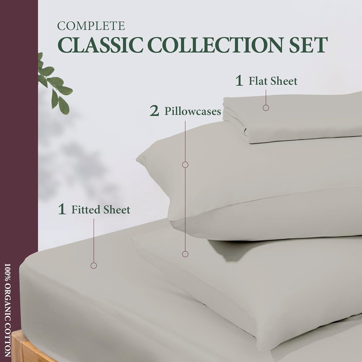 Ashton Sheets 100% Organic Cotton Sheets Queen Size - 4 PC Organic Cotton Queen Size Percale Weave Sheet Set, Soft, Cooling, Crisp & Breathable, 16" Deep Pocket Hotel Quality Bedding Set - Light Grey - Image 3