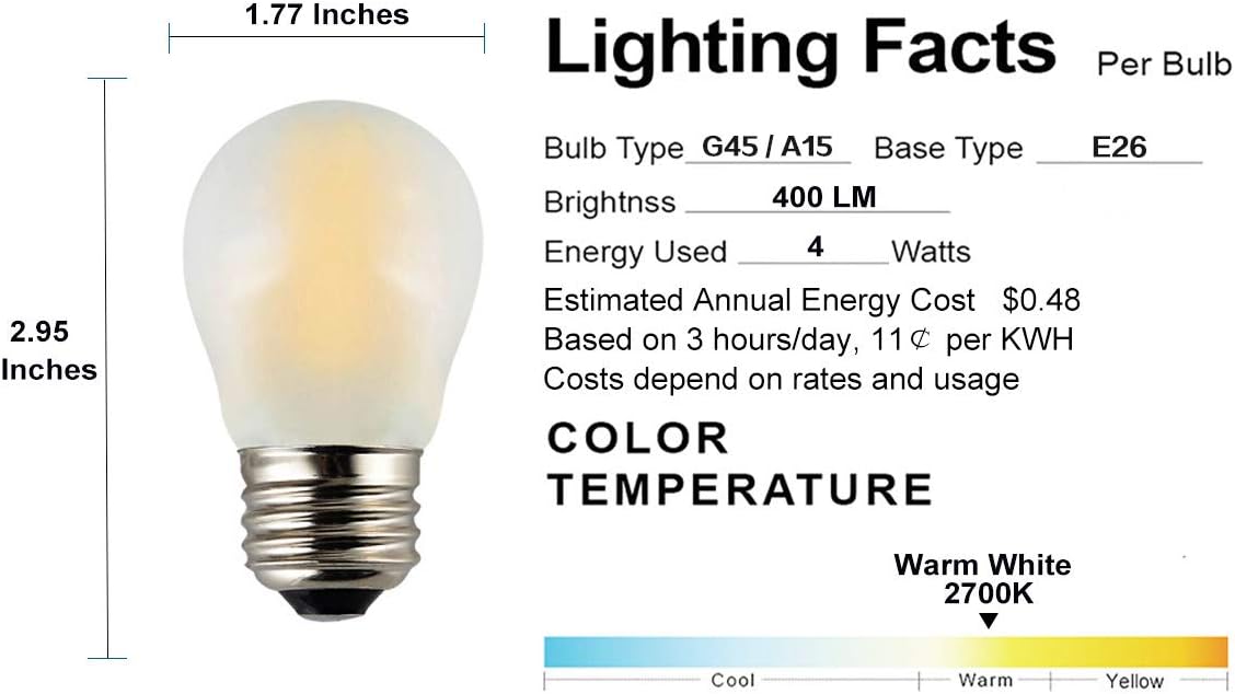 A15(G45) Style 4W LED Filament Tungsten Bulb, 40W Incandescent Bulb Equivalent, E26 Base Small Globe Lamp, Frosted Glass Cover, Dimmable, 2700K Warm White Light, 2-Pack