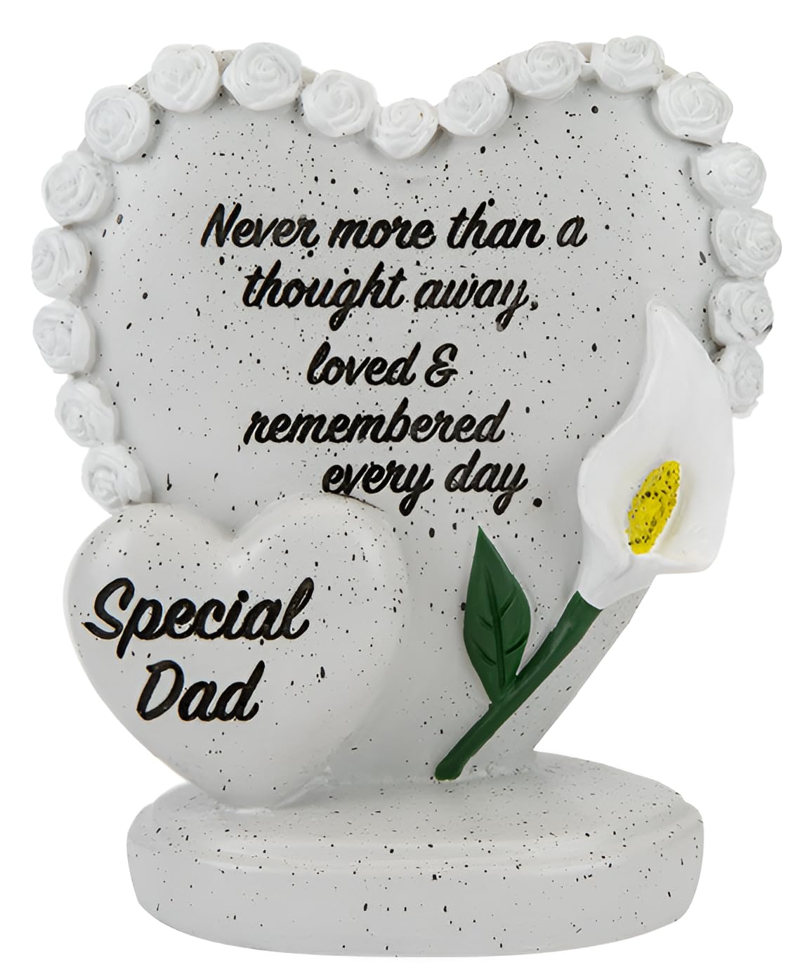 Quickdraw Supplies Light Grey Special Dad Memorial Double Heart Ornament With Rose Border & White Lily – Stone-Effect Standing Grave Decoration & Plaque With Inscription – Graveside, Cemetery & Garden Tribute Remembrance Keepsake