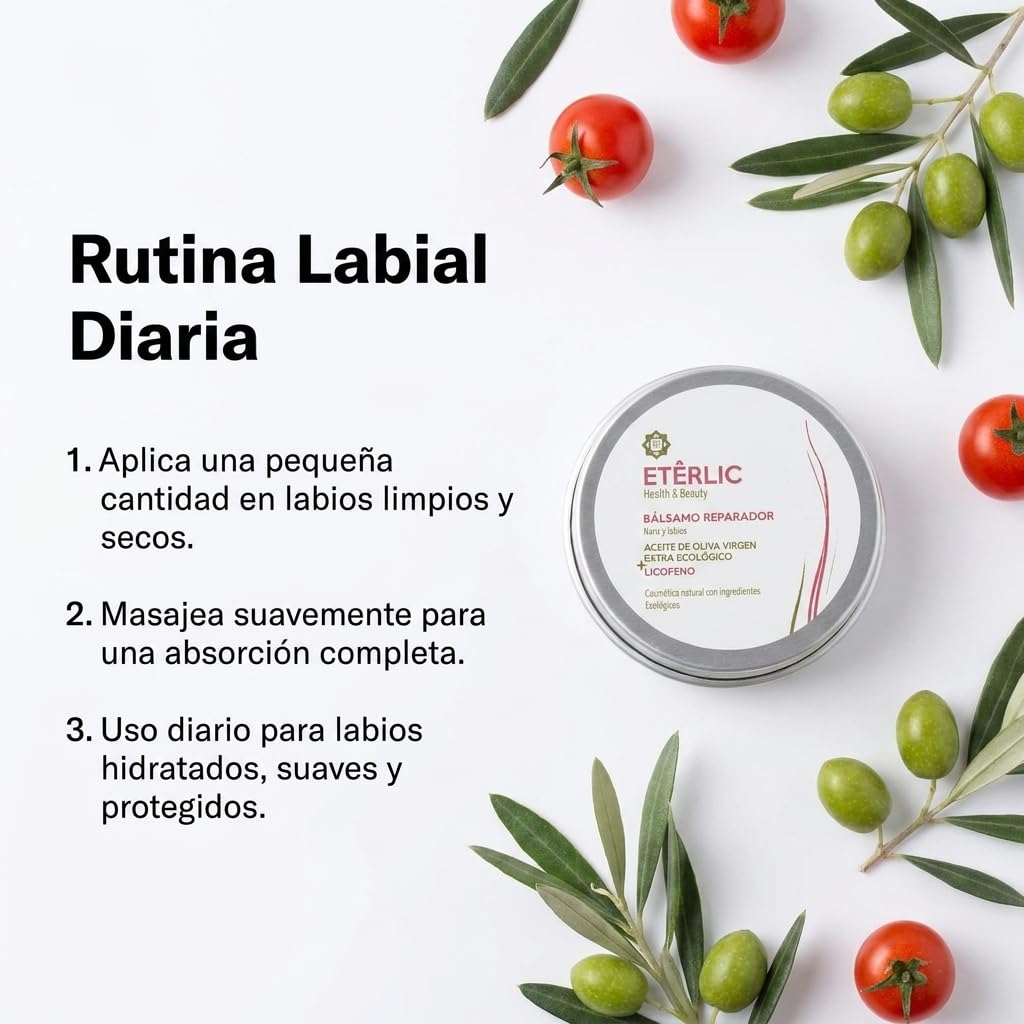 ETÊRLIC naturalny balsam do ust z opatentowanym olejem | Ekologiczny oliwa z oliwek z pierwszego tłoczenia, likopen, aloes vera, shea i wosk pszczeli | Nawilżanie, regeneracja i ochrona przeciwzapalna