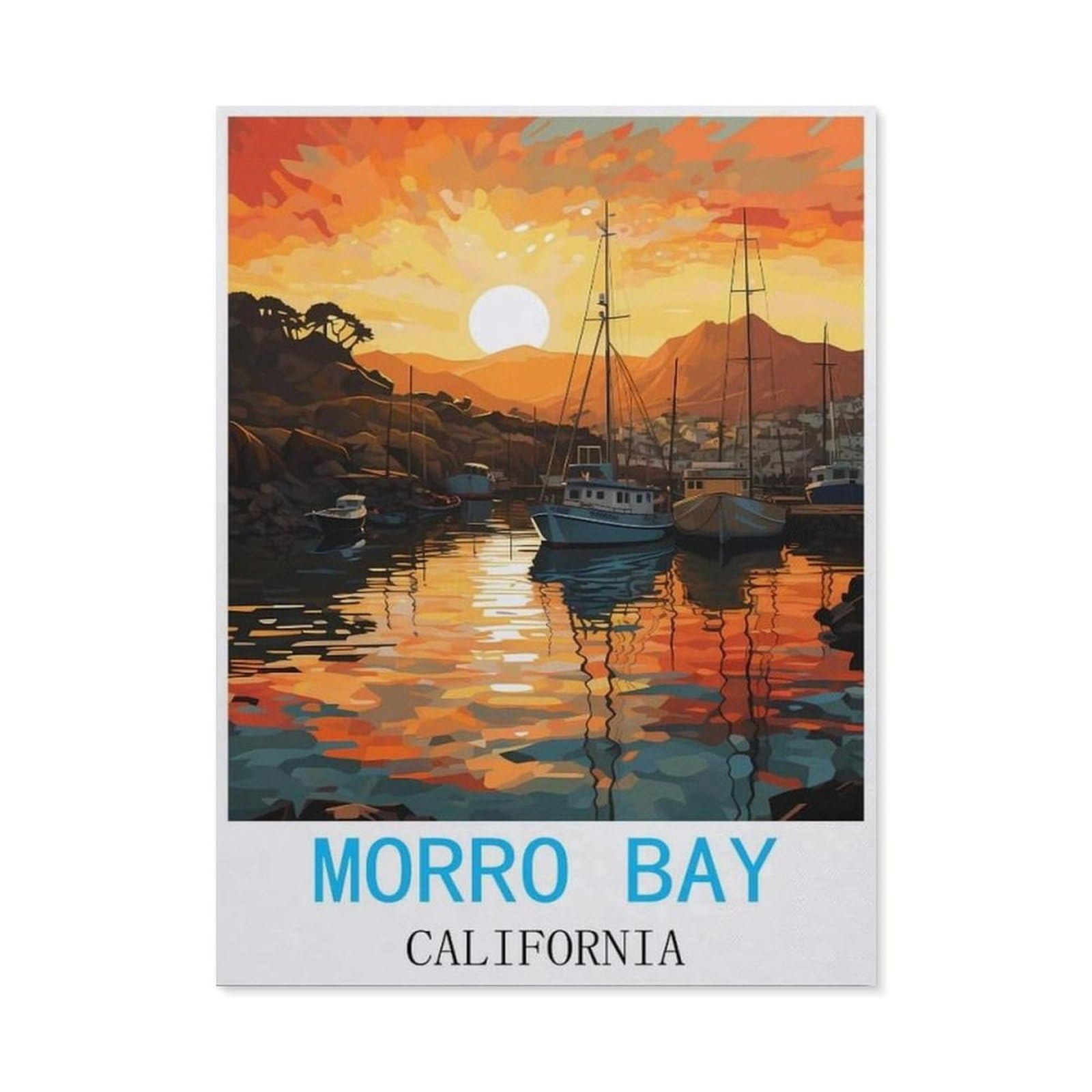 BEAYODKP Full Diamond 5D DIY Diamond Painting，Morro Bay California Vintage Travel Poster，3D Diamond Embroidery Cross Stitch Mosaic Needle Works（40 x 50 cm/15.74 x 19.68 inches）-CP48