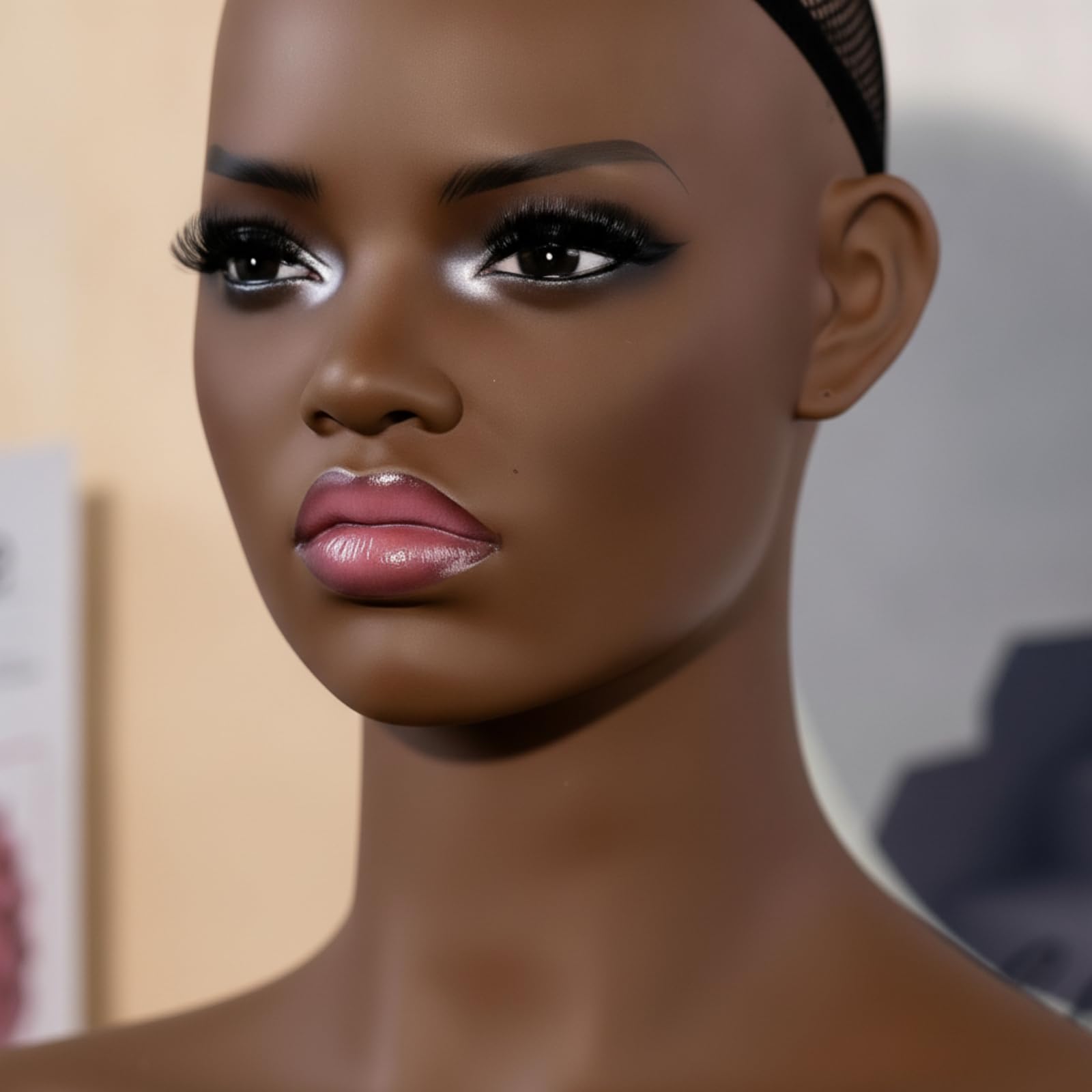 F Fityle Cabeza de Maniquí + Busto + Soporte + Expositor Figura Femenina Realista con Ojos y Pestañas Pintados Malla Negra en para Fijación Construcción