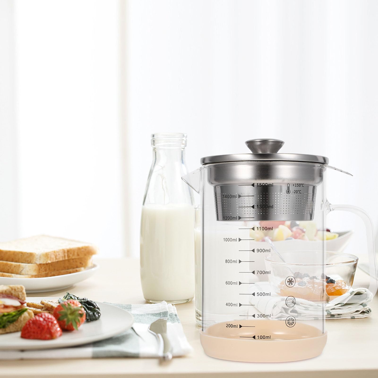 Housoutil Glasfilterkanne 1500 Ml mit Edelstahlfilter für Sojamilch und Saft Hitzebeständiger Haushalts Saftbehälter aus Borosilikatglas Feinmaschiges Sieb für Tee und Kaffee
