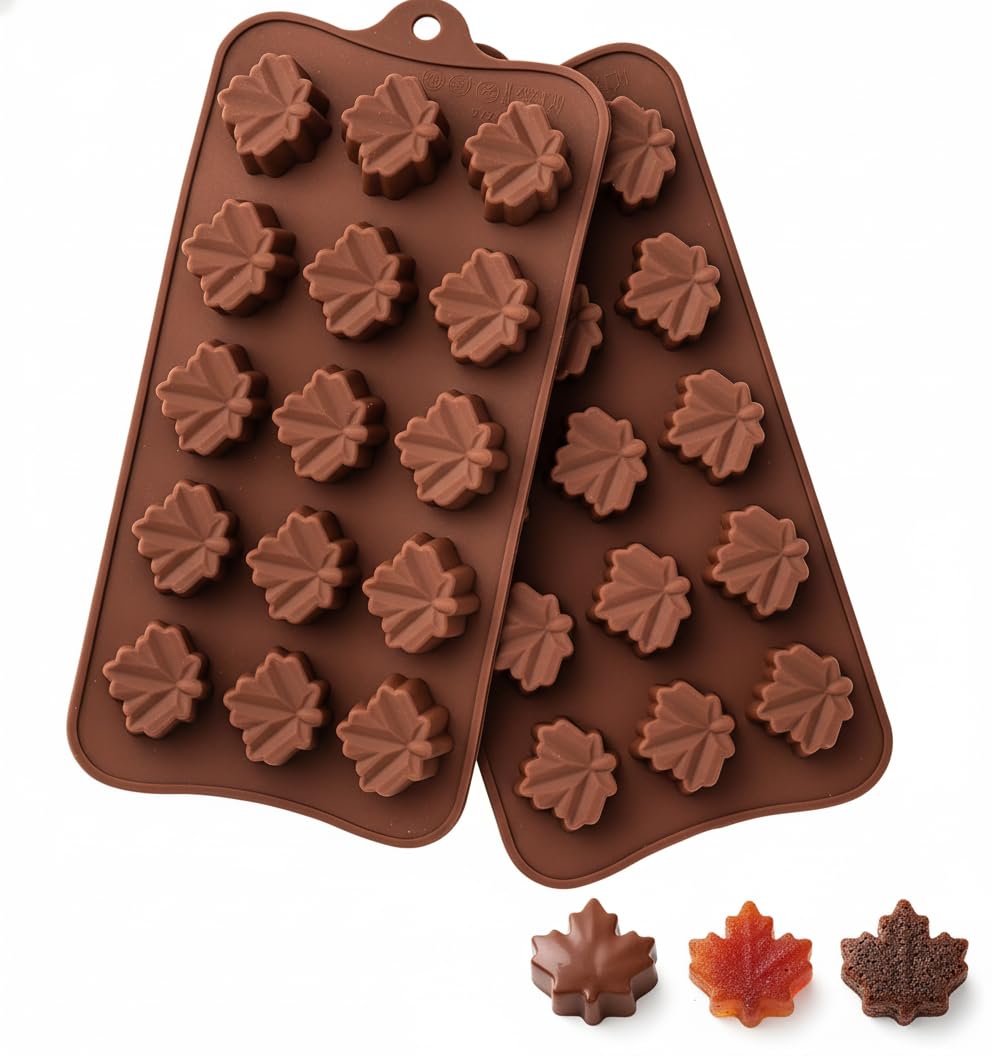 Maple Leaf Silicone Molds, 2-Pack (30 Cavities) for Chocolate, Gummies, Ice Cube Tray, Fall/Thanksgiving Candy, Baking and Craft Decor | Food-Grade, Nonstick, Reusable | Pumpkin & Autumn Leaf Toppers