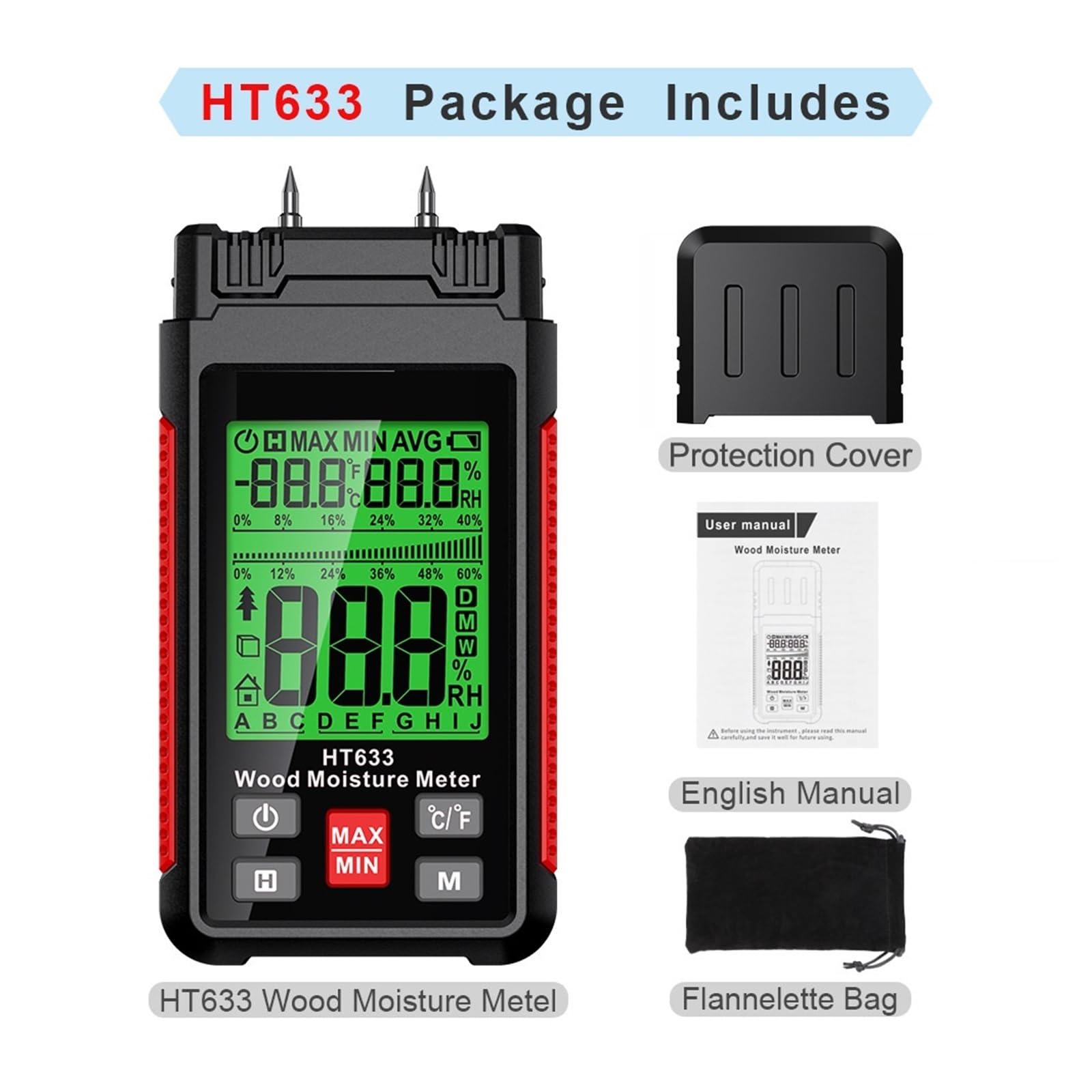 Medidor de Humedad, HT633 Medidor de humedad digital Probador de humedad de madera Higrómetro 0~57% Detector de humedad de madera Pantalla LCD