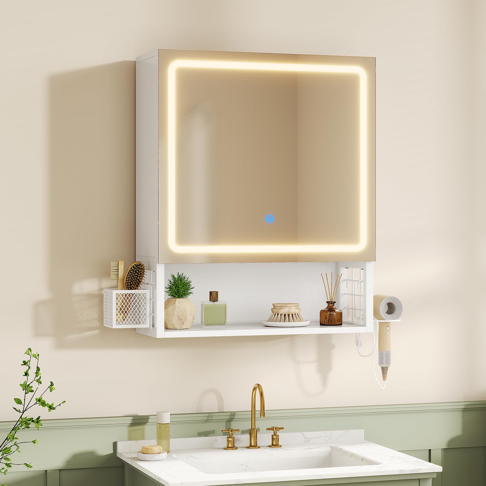 Spiegelschrank Bad mit LED-Beleuchtung,Badezimmer Spiegelschrank mit verstellbarer Ablage,HD-Spiegel, Hängekorb,Haartrockner-Halter,3 Lichtfarbe Einstellbar, Badezimmerschrank 50×16×60cm,Weiß