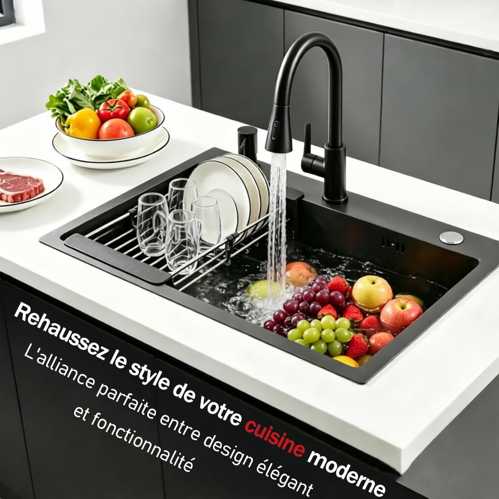 Yc Kitchen Évier Cuisine Noir en Acier Inoxydable -1 Bac 68 X 45 cm | Lavabo Cuisine Encastrable Avec Robinet et Egouttoir — Kit de Vidange