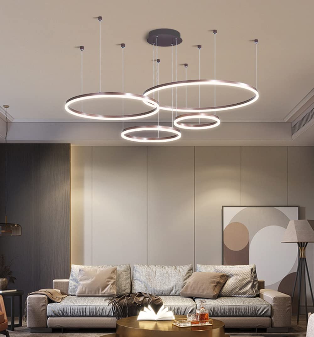 Moderna lampada a sospensione a LED, 4 anelli collezione di vernice oro, applique a sospensione a luce regolabile Lampadario a soffitto moderno, dimmerabile con telecomando 3000K-6000K - 68W (