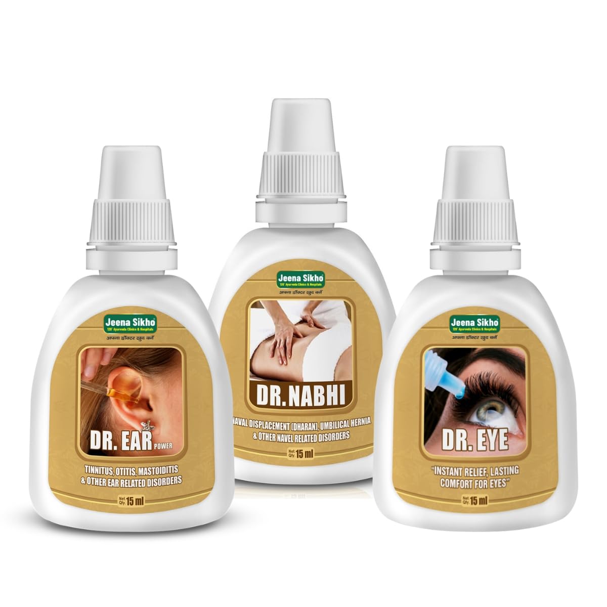 Jeena Sikho Triple Sense Combo Pack | Ayurvedic Eye, Ear, & Wellness Care Kit | Natural Ear Drop15ml + Eye Drop 15ml + Nabhi Drop 15ml