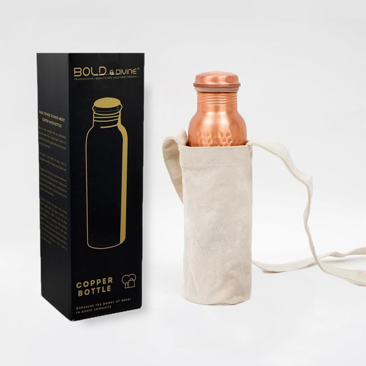 Bold & Divine Premium-Wasserflasche aus reinem Kupfer, gehämmert, Ayurvedische gesundheitliche Vorteile, handgefertigtes Kupfer-Wassergefäß, auslaufsicheres Design, rostfrei, inklusive Tragetasche aus
