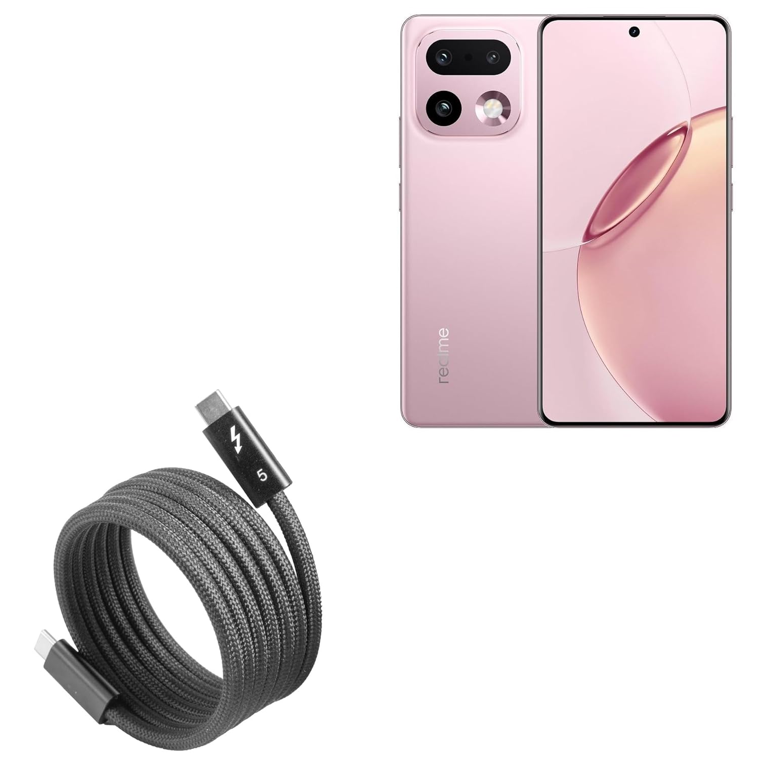 BoxWave Cable Compatible with Realme 16 Pro+ (6.8 in) - SnapWrap Thunderbolt 5.0 Cable (5ft 240W), Magnetic Self-Coiling Nylon Braided Retractable - Jet Black