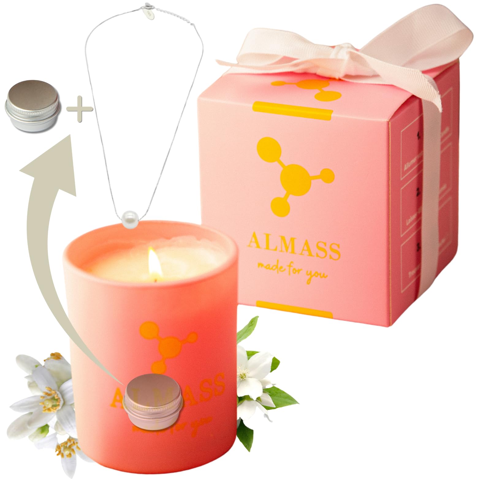 ALMASS Candela Bijoux-- Candela profumata + una collana placcata in argento 925 con una perla + una piccola scatola per gioielli, 8% di puro profumo, confezione regalo da donna