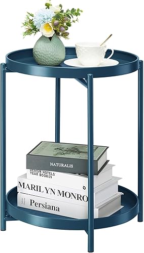 danpinera - Mesa auxiliar de 2 niveles, mesa lateral exterior de metal redonda con bandeja extraíble, mesa de acento pequeña, mesita de noche