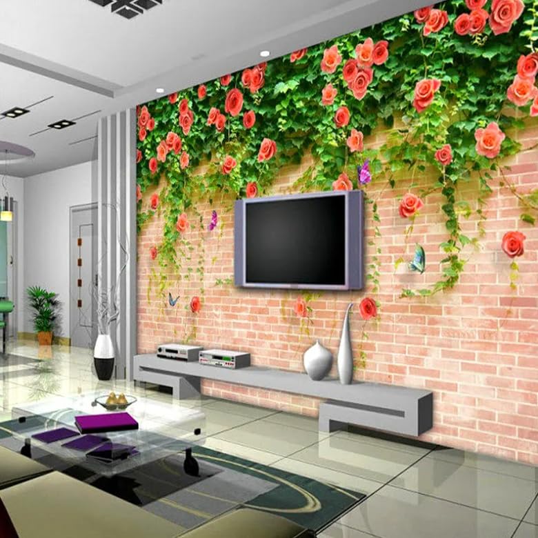 Fresque murale 3D de prestige briques et roses pour décoration de salon moderne