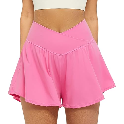 FireSwan Crossover Athletic Shorts for Women 2 in 1 Flowy Running Shorts with Pockets Spandex Butterfly Workout Tennis Skorts - Small - Pink