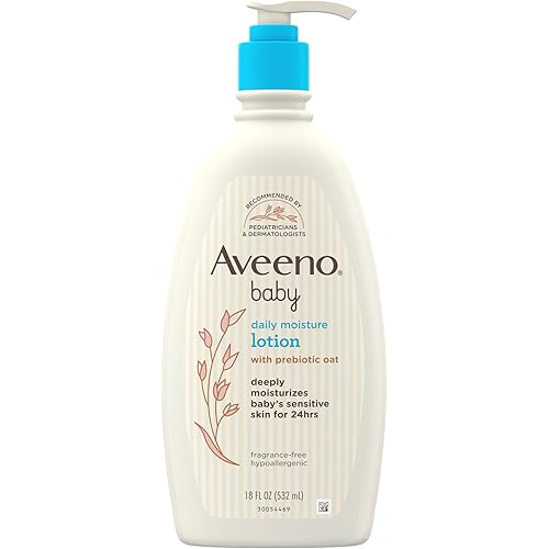 Aveeno Baby Daily Moisture Body Lotion for Sensitive Skin, Hypoallergenic Moisturizing Baby Lotion with Nourishing Oatmeal to Deeply Moisturize Baby's Skin, Fragrance-Free, 18 fl. oz
