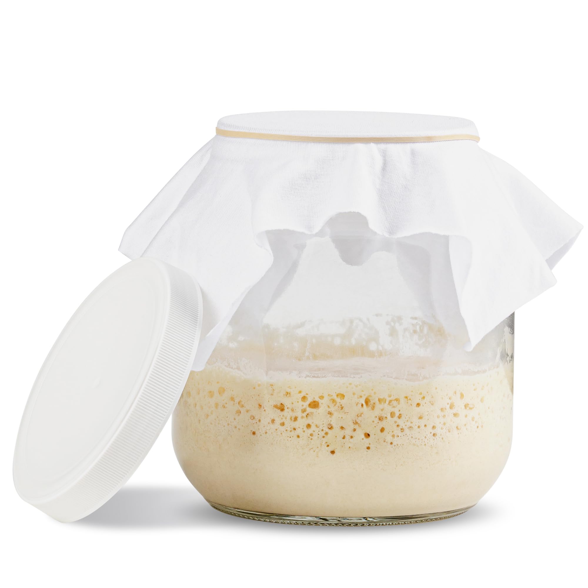 kitchentoolz Sourdough Starter Jar - Large Glass Wide Mouth Mason Jar for Storing Sour Dough Bread Starter with Cloth and Lid - Half Gallon - Made in USA