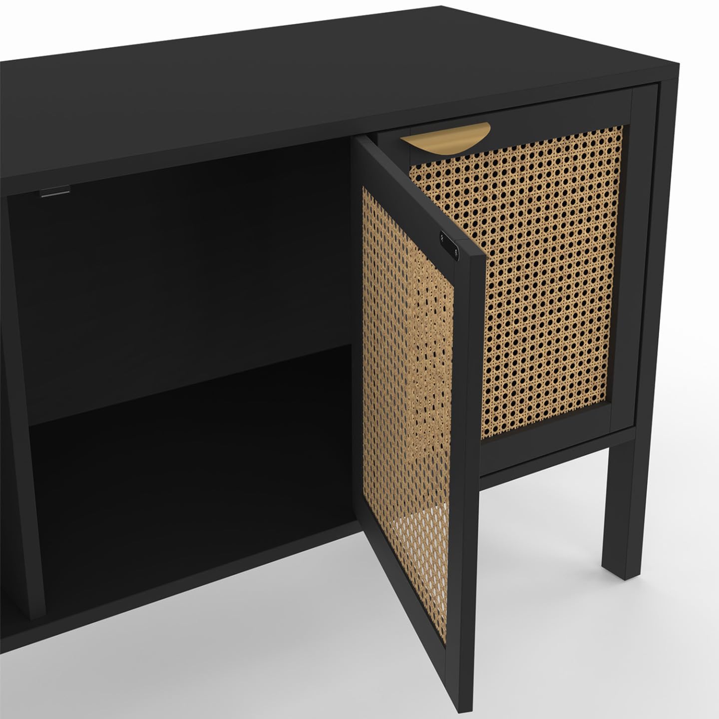 IDMarket - Buffet Bas 110 cm EDHEN 3 Portes Bois Noir et cannage
