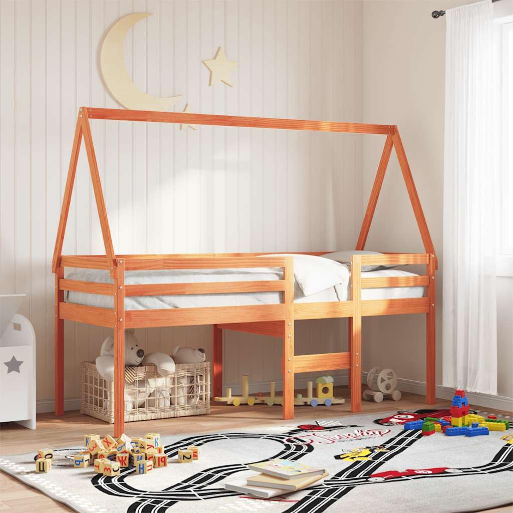 Techo para cuna de color marrón encerado, madera de pino maciza, 199 x 95,5 x 88 cm, con protección antideslizante, accesorios y somier, soporte para habitación infantil, zona de juegos