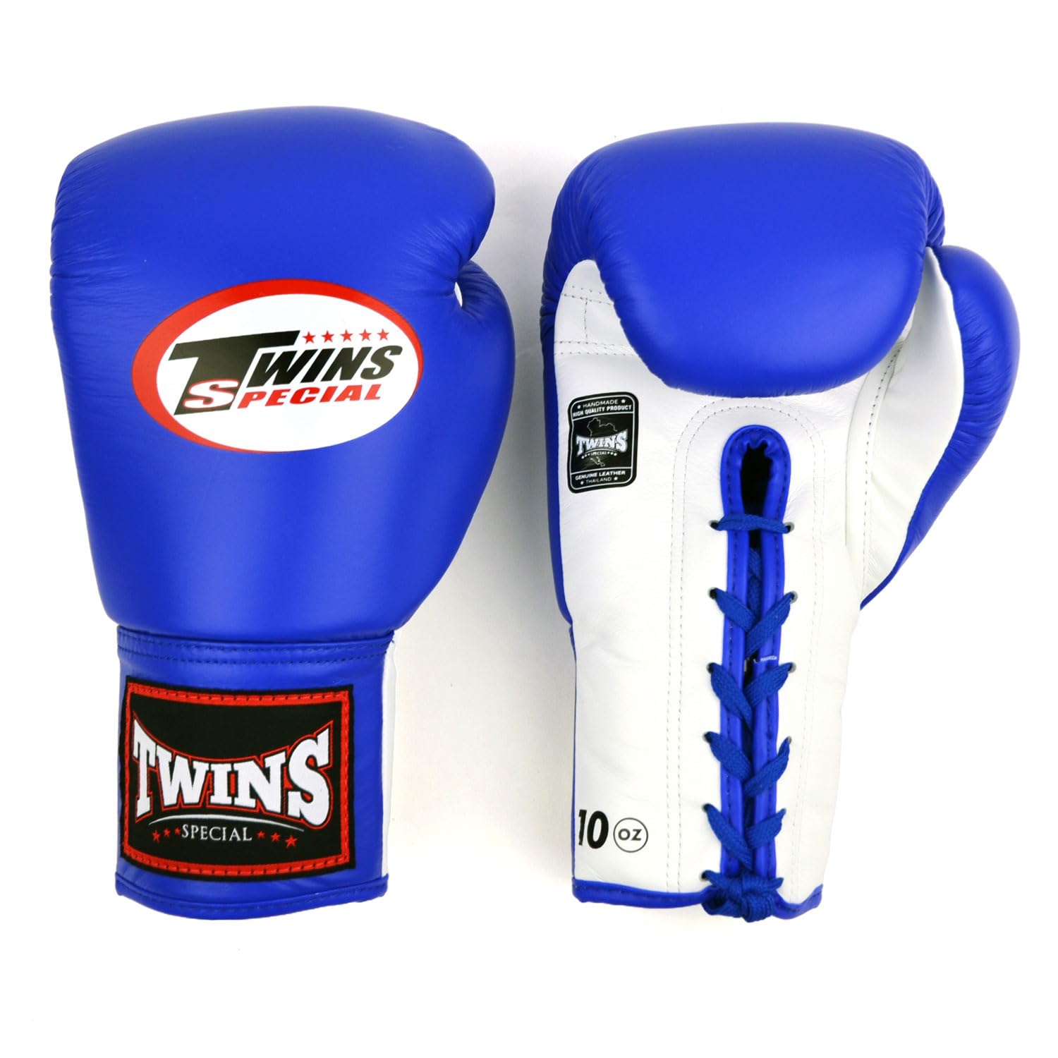 Twins Special BGLL1 Leather Boxing Gloves, Lace-up Closure, For Muay Thai, Boxing, Kickboxing & MMA Competition, Training & Sparring (Blue/White, 8oz)