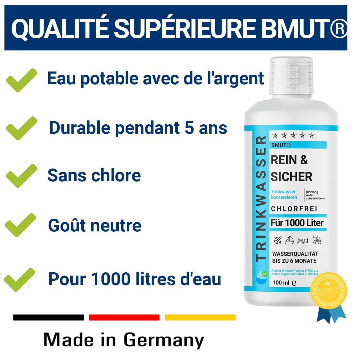 1x 100ml Traitement de l'eau potable Conservation pour 1000 litres empêche les germes – Pur & Sûr – Caravane, Camping, Réservoir, Extérieur, Urgence