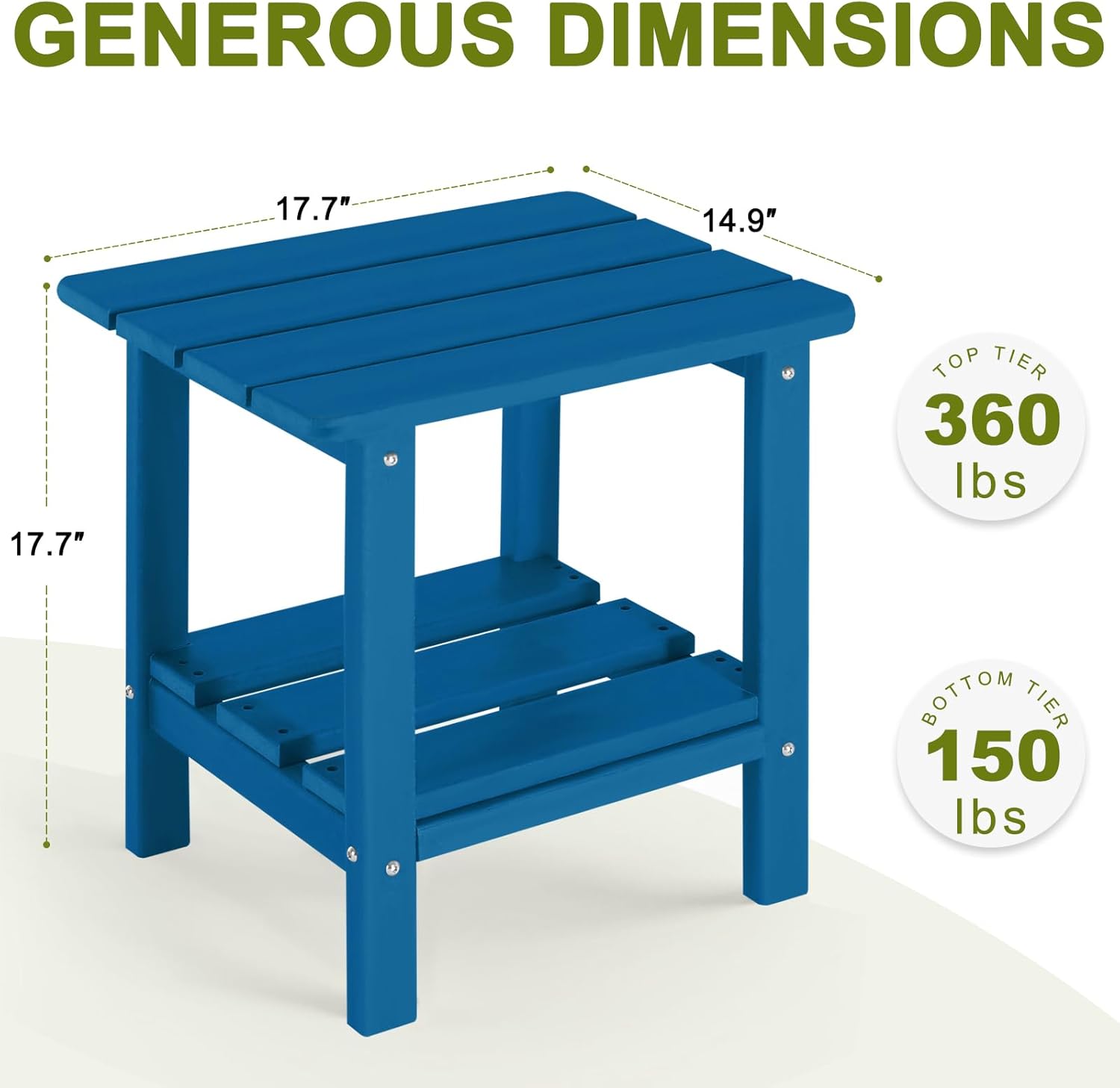 Adirondack Outdoor Side Table, 2-Tier Small Patio End Table, Weather Resistant HDPE Outdoor End Tables for Garden, Lawn, Pool, Beach, Porch, Deck, Backyard - Square, Dark Blue