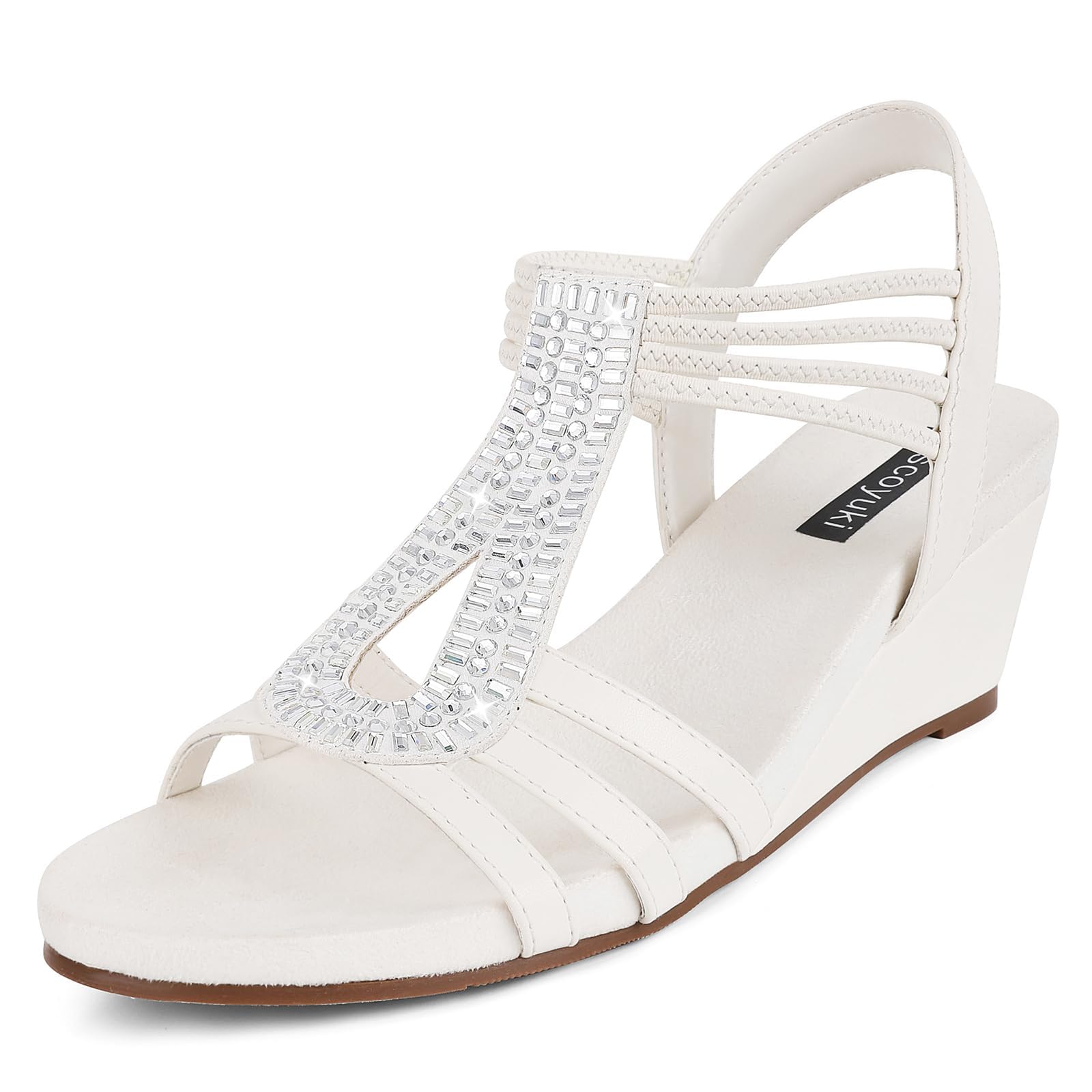 Tscoyuki Women's Valya Low Wedge Sandals Sparkly Rhinestone Elastic T-Strap Open Toe Fashion Wedding Dress Shoes for Women