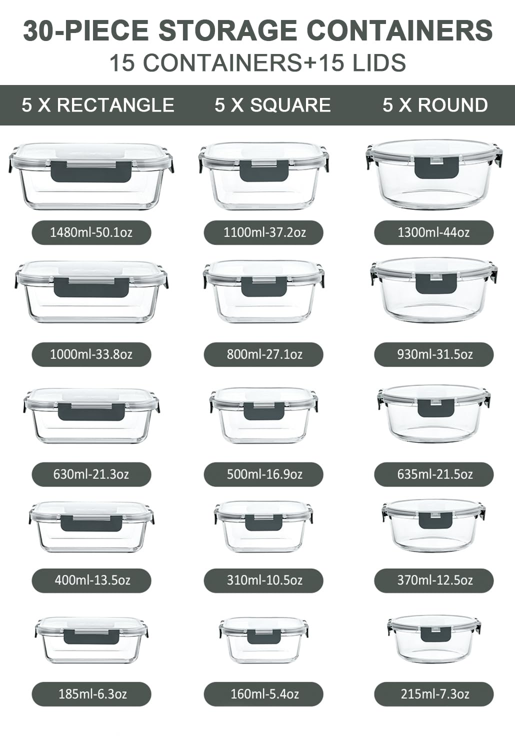 MCIRCO Recipientes de vidrio para alimentos 30 piezas [15 recipientes + 15 tapas] - Recipientes de vidrio - Tapas transparentes - Sin BPA - para la cocina de casa o el restaurante